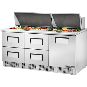 Mesa refrigerada para preparación de alimentos de 72-1/8", 1 puerta, 4 cajones, 2 repisas, 30 insertos