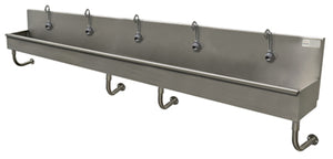 Lavamanos Multiwash de 5 estaciones 100 pulg a muro con 5 llaves electrónicas ADA acero inoxidable 304 calibre 16