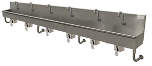 Lavamanos Multiwash de 6 estaciones 120 pulg a muro con válvula de rodilla acero inoxidable 304 calibre 16