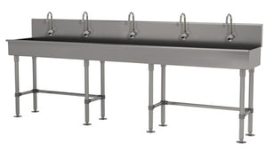 Lavamanos Multiwash de 5 estaciones 100 pulg con patas con 5 llaves electrónicas ADA acero inoxidable 304 calibre 16