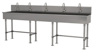 Lavamanos Multiwash de 5 estaciones 100 pulg con patas con 5 llaves electrónicas acero inoxidable 304 calibre 16