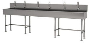 Lavamanos Multiwash de 6 estaciones 120 pulg con patas con 6 llaves electrónicas acero inoxidable 304 calibre 16