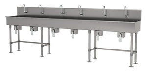 Lavamanos Multiwash de 6 estaciones 120 pulg con patas con válvula de rodilla acero inoxidable 304 calibre 16