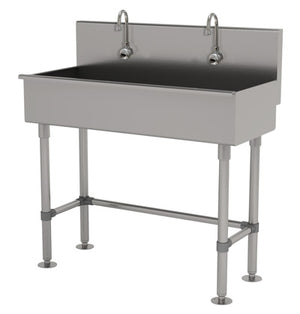 Lavamanos Multiwash de 2 estaciones 48 pulg con patas con 2 llaves electrónicas acero inoxidable 304 calibre 16