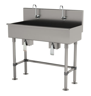 Lavamanos Multiwash de 2 estaciones 48 pulg con patas con válvula de rodilla acero inoxidable 304 calibre 16