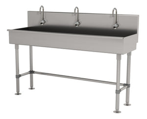 Lavamanos Multiwash de 3 estaciones 60 pulg con patas con 3 llaves electrónicas ADA acero inoxidable 304 calibre 16