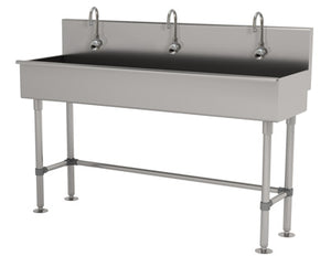Lavamanos Multiwash de 3 estaciones 60 pulg con patas con 3 llaves electrónicas acero inoxidable 304 calibre 16