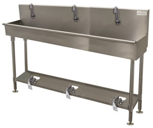 Lavamanos Multiwash de 3 estaciones 72 pulg con patas con válvula de pie acero inoxidable 304 calibre 16
