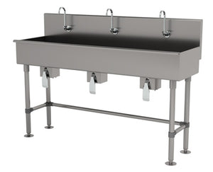 Lavamanos Multiwash de 3 estaciones 60 pulg con patas con válvula de rodilla acero inoxidable 304 calibre 16