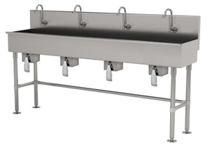 Lavamanos Multiwash de 4 estaciones 80 pulg con patas con válvula de rodilla acero inoxidable 304 calibre 16