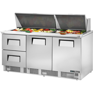Mesa refrigerada para preparación de alimentos de 72-1/8", 2 puertas, 2 cajones, 4 repisas, 30 insertos