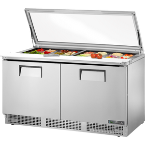 Mesa refrigerada para preparación de alimentos de 64-1/8", tapa plana de cristal, 2 puertas, 4 repisas, 24 insertos