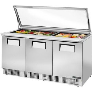 Mesa refrigerada para preparación de alimentos de 72-1/8", tapa plana de cristal, 3 puertas, 6 repisas, 30 insertos
