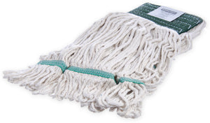 Cabezal de trapeador Flo-Pac mediano looped-end blanco con banda verde algodón 4 capas