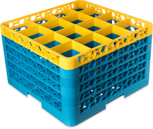 Rack OptiClean para vasos con 16 compartimentos y 5 extensiones 11.9" amarillo/azul Carlisle