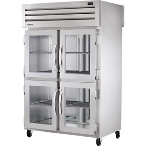 Refrigerador vertical de doble acceso de 52-5/8", 4 puertas frontales y 2 traseras, frente de cristal y parte trasera sólida, medias puertas, batientes