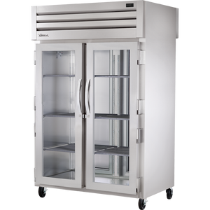 Refrigerador vertical de doble acceso de 52-5/8", 2 puertas frontales y 2 traseras, frente de cristal y parte trasera sólida, batientes