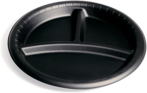 Plato desechable de alta temperatura de 3 compartimentos 9" negro caja con 500