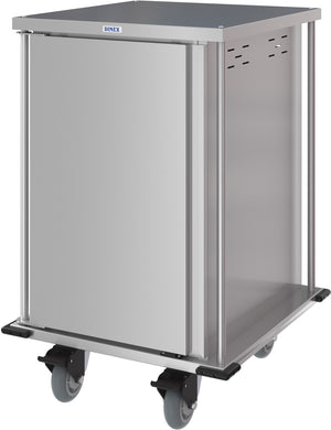 Carro compacto silencioso Dinex para entrega de alimentos puerta sencilla 2 charolas por guía 2 charolas acero inoxidable