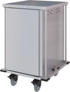 Carro compacto silencioso Dinex para entrega de alimentos puerta sencilla 2 charolas por guía 2 charolas acero inoxidable
