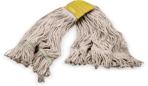 Cabezal de trapeador pequeño looped-end natural con banda amarilla algodón 4 capas