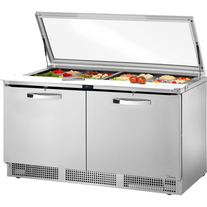 Mesa refrigerada para preparación de alimentos de 64-1/8", tapa plana de cristal, 2 puertas, 4 repisas, 24 insertos, Spec Package 3