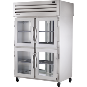 Refrigerador vertical de doble acceso de 52-5/8", 8 puertas, puertas de cristal, medias puertas, batientes