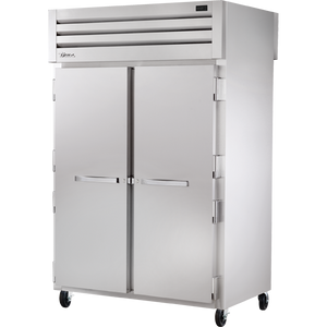 Refrigerador vertical de doble acceso de 52-5/8", 2 puertas frontales y 2 traseras, frente sólido y parte trasera de cristal, batientes