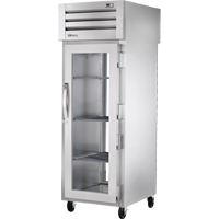 Refrigerador vertical de doble acceso de 27-1/2", 1 puerta frontal y 1 trasera, puertas de cristal, batientes