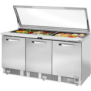Mesa refrigerada para preparación de alimentos de 72-1/8", tapa plana de cristal, 3 puertas, 6 repisas, 30 insertos, Spec Package 3