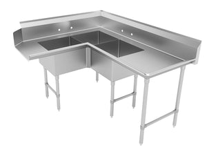 Mesa esquinera para lavavajillas con tarja de 3 compartimentos 71 pulg lado izquierdo acero inoxidable 304 calibre 16