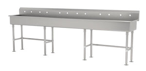 Lavamanos múltiple a muro 120 pulg ancho x 19-1/2 pulg fondo x 42-1/2 pulg alto acero inoxidable 304 calibre 16 con 6 estaciones