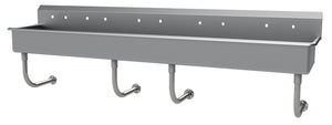 Lavamanos múltiple a muro 100 pulg ancho x 19-1/2 pulg fondo x 29-1/2 pulg alto acero inoxidable 304 calibre 16 con 5 estaciones