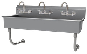 Lavamanos múltiple a muro 60 pulg ancho x 19-1/2 pulg fondo x 29-1/2 pulg alto acero inoxidable 304 calibre 16 con 3 estaciones