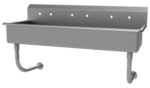 Lavamanos múltiple a muro 72 pulg ancho x 19-1/2 pulg fondo x 29-1/2 pulg alto acero inoxidable 304 calibre 16 con 3 estaciones