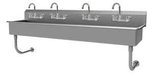 Lavamanos múltiple a muro 80 pulg ancho x 19-1/2 pulg fondo x 29-1/2 pulg alto acero inoxidable 304 calibre 16 con 4 estaciones