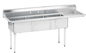 Tarja fabricada de 3 compartimentos con escurridor derecho de 18 pulg acero inoxidable 304 calibre 18 tina 18 pulg x 18 pulg x 12 pulg prof.