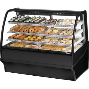 Vitrina de exhibición con cristal curvo de 59-1/4", laterales de vidrio, exterior negro e interior blanco