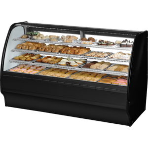 Vitrina de exhibición con cristal curvo de 77-1/4", con frente fijo, laterales sólidos, exterior negro e interior blanco
