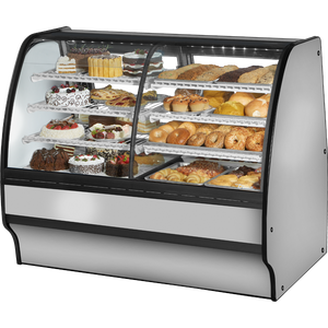 Vitrina de exhibición refrigerada de doble zona con cristal curvo de 59-1/4", con frente fijo, laterales sólidos, exterior de acero inoxidable e interior blanco