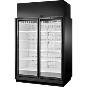 Exhibidor retail refrigerado de 67-1/2", 2 puertas, 10 repisas, exterior negro, interior blanco, iluminación LED 4000K