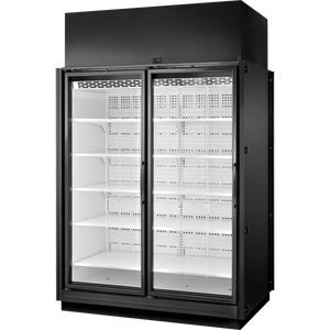 Exhibidor retail refrigerado de 67-3/8", 2 puertas, 10 repisas, exterior negro, interior blanco, iluminación LED 4000K