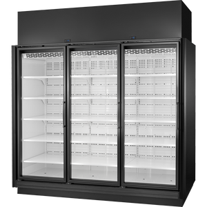 Exhibidor retail congelador de 98", 3 puertas, 15 repisas, exterior negro, interior blanco, iluminación LED 4000K