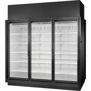 Exhibidor retail refrigerado de 97-7/8", 3 puertas, 15 repisas, exterior negro, interior blanco, iluminación LED 4000K