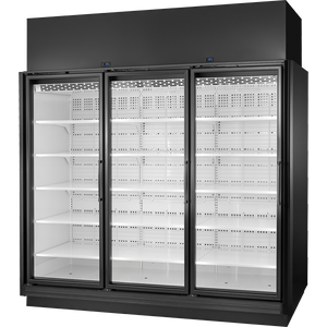 Exhibidor retail refrigerado de 96-7/8", 3 puertas, 15 repisas, exterior negro, interior blanco, iluminación LED 4000K