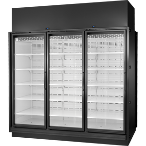 Exhibidor retail refrigerado de 96-5/8", 3 puertas, 15 repisas, exterior negro, interior blanco, iluminación LED 4000K