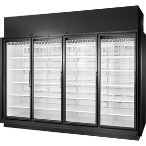 Exhibidor retail congelador de 128-3/8", 4 puertas, 20 repisas, exterior negro, interior blanco, iluminación LED 4000K