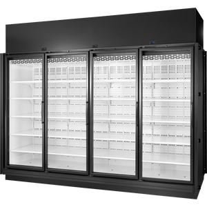 Exhibidor retail congelador de 128-1/4", 4 puertas, 20 repisas, exterior negro, interior blanco, iluminación LED 4000K