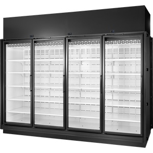 Exhibidor retail congelador de 127-1/8", 4 puertas, 20 repisas, exterior negro, interior blanco, iluminación LED 4000K