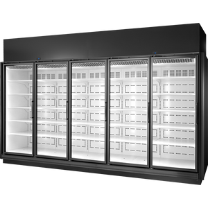 Exhibidor retail refrigerado de 157-5/8", 5 puertas, 25 repisas, exterior negro, interior blanco, iluminación LED 4000K